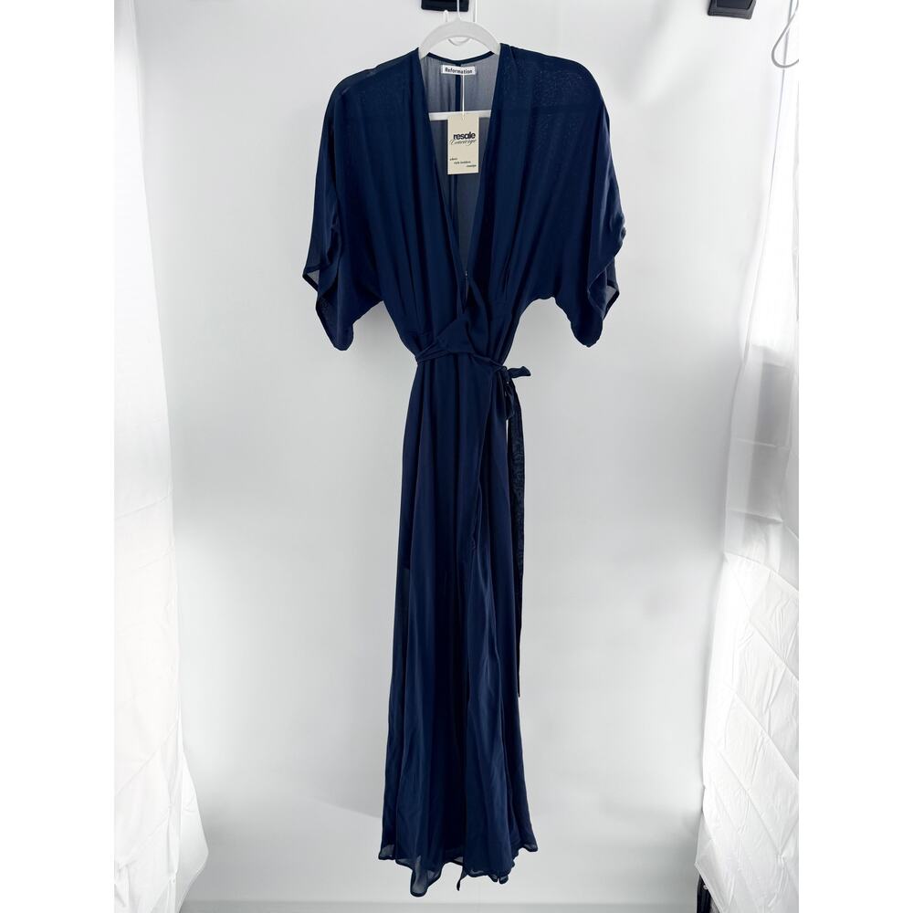 Reformation Winslow Short Sleeve Surplice V-Neck Maxi Wrap Dress Navy Medium - Picture 3 of 6